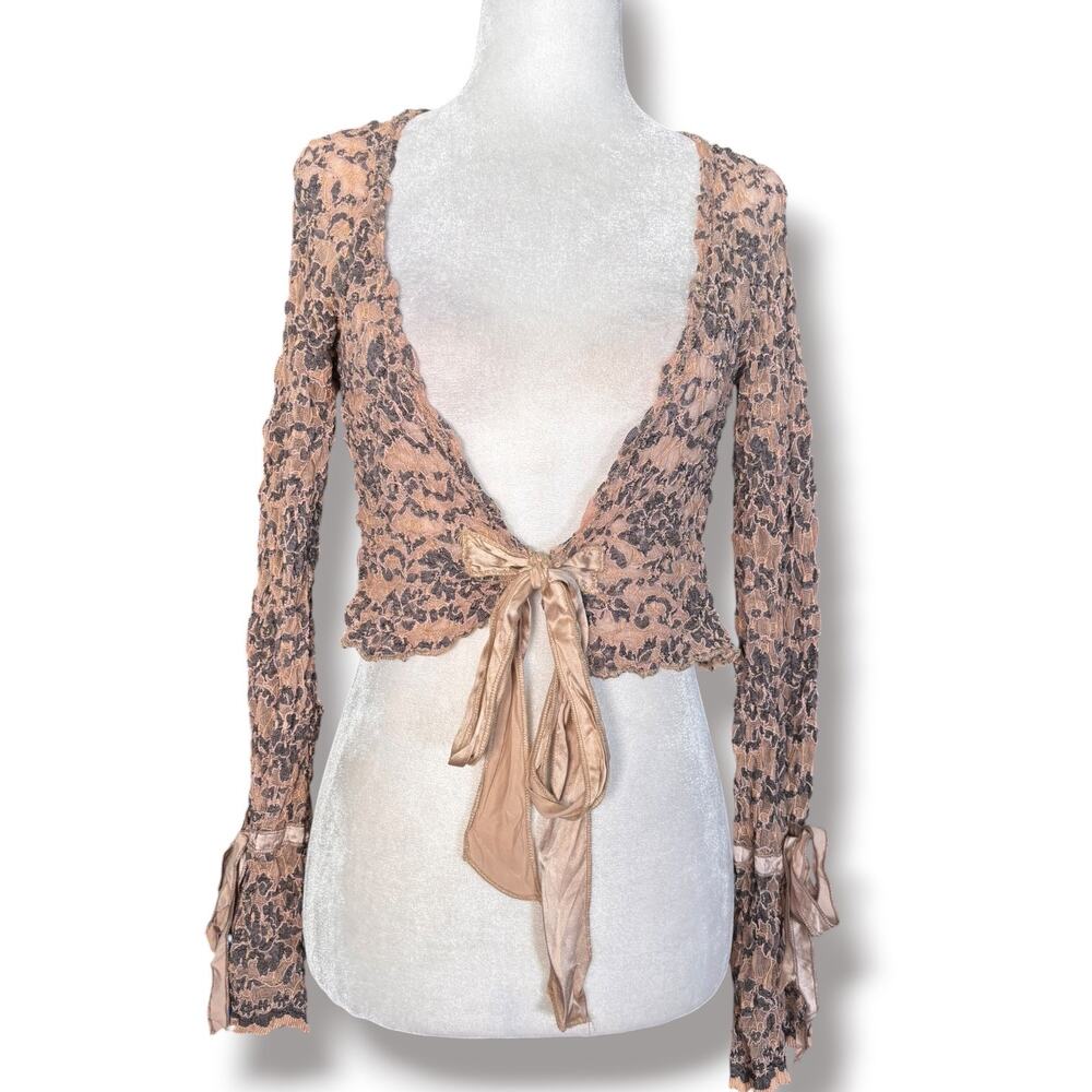 Ann Ferriday Lace Tie Front Bell Sleeve Shrug Top Y2K Fairy Boho Sheer Nylon
